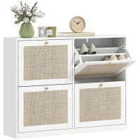 HOMCOM Narrow Shoe Storage Cabinet, Rattan Shoe Cabinet with 4 Flip Drawers and Adjustable Shelves for 20 Pairs, White(m-9)