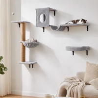 PawHut 3-In-1 Cat Wall Shelves with Condo, Bed, Hammock, Scratching Post and Spring Ball, Gray(m-9)