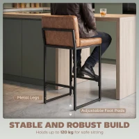 HOMCOM Bar Stools Set of 2, Retro Padded Counter Height Stools with Back and Metal Leg, Vintage PU Leather, Brown(m-6)