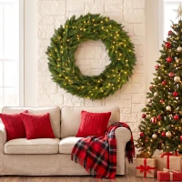 HOMCOM Christmas Decoration, 48 in Pre-Lit Norwegian Spruce Artificial Christmas Wreath with 150 LED Lights, Green(m-9)