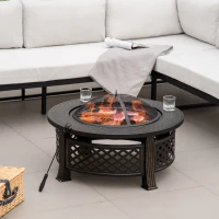Outsunny 32" Outdoor Fire Pit Grill & Ice Bucket Table, Portable Steel Wood Burning Bowl, Cooking Grate, Poker, Rain Cover, Spark Screen Lid(m-16)