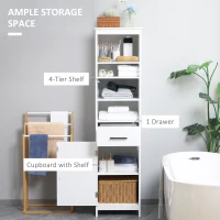 kleankin Tall Bathroom Storage Cabinet, Free Standing Bathroom Cabinet Slim Side Organizer w/ 3-Tier Open Shelf, Door, and Drawer, White(m-4)