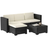 Outsunny 5 Piece Patio Furniture Set, L-Shape Wicker Outdoor Sectional with 3 Chairs, Ottoman, Glass Table, Cushions, Cream(m-9)