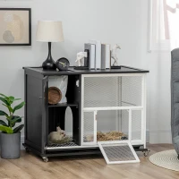 PawHut 38" 2-in-1 Indoor Rabbit Hutch & End Table with Wheels & Storage Shelf, Bunny Rabbit Cage with Removable Tray, Bunny Hutch Rabbit Furniture Pet Crate End Table, Black(m-10)