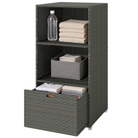Outsunny Valet Pool Towel Rack, Water-Resistant PE Plastic Rattan Wicker Storage Organizer, 2 Shelves, 1 Basket Drawer, Dark Gray