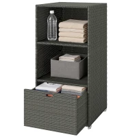 Outsunny Valet Pool Towel Rack, Water-Resistant PE Plastic Rattan Wicker Storage Organizer, 2 Shelves, 1 Basket Drawer, Dark Gray(m-1)