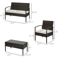 Outsunny Patio Furniture Set, 4 Piece Indoor Outdoor PE Wicker Conversation Set with Chairs, Loveseat Sofa, Cushions, Glass Table for Backyard, Sunroom, Pool, Garden, Brown(m-3)