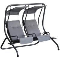 Outsunny Patio Swing Chair with 2 Separate Seats, Outdoor Swing Glider with Removable Canopy and Cup Holders, for Porch, Garden, Poolside, Backyard, Gray(m-1)