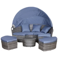 Outsunny 4pc Rattan Patio Furniture Set, Round Convertible Daybed or Sunbed, Adjustable Sun Canopy, Sectional Outdoor Sofa, 2 Chairs, Table, 3 Pillows, PE Plastic Wicker, Gray(m-11)