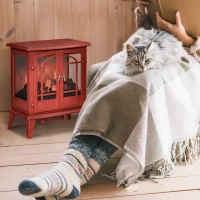 HOMCOM Electric Fireplace Heater, Freestanding Fireplace Stove with Realistic LED Log Flames and Overheating Safety Protection, 1400W, Red(m-2)