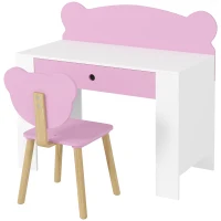 Qaba Kids Desk and Chair Set with Drawer for Drawing, Reading, Bear Theme Children Furniture for Bedroom, Daycare, Pink(m-2)