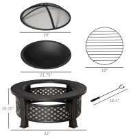 Outsunny 32" Outdoor Fire Pit Grill & Ice Bucket Table, Portable Steel Wood Burning Bowl, Cooking Grate, Poker, Rain Cover, Spark Screen Lid(m-3)