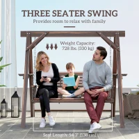 Outsunny 3 Seat Wooden Porch Swing with Stand, Patio Swing with Side Tables, for Garden, Poolside, Backyard, Carbonized Brown(m-4)