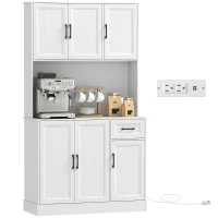 HOMCOM 71" Pantry Cabinet with Charging Station, Kitchen Storage Cabinet with Microwave Stand, Adjustable Shelves, White(m-9)