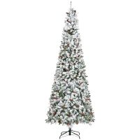 HOMCOM 9 Foot Pencil Snow Flocked Artificial Christmas Tree with Pine Realistic Branches, Pine Cones, Red Berries, Green(m-1)