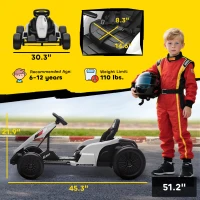 Qaba 24V Electric Go Kart with Dual 150W Motors, Adjustable Seat & 11.2MPH High Speed, Slow Start, 5-Point Harness, White(m-3)