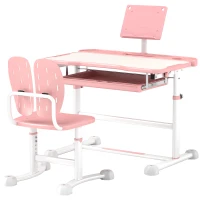Qaba Height Adjustable Kids Desk and Chair Set with Tilt Desktop, Large Writing Board, Storage Drawer, Book Stand, Pink(m-2)