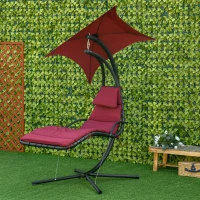 Outsunny Outdoor Hammock Chair with Stand, Floating Chaise Lounge Chair with Soft Padded Cushion, Hanging Hammock Swing Reclining Seat with Canopy Umbrella, Wine Red(m-1)