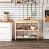 HOMCOM 42" Kitchen Trolley Cart Rolling Island Utility Serving Cart with 2 Drawers and 3-Tier Shelf Pine Wood(m-10)