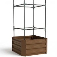 Outsunny Galvanized Planter Box, Outdoor Raised Garden Bed with 3-Tier Trellis Tomato Cage for Climbing Vines, Vegetables, Brown(m-10)