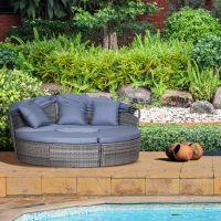 Outsunny 4pc Rattan Patio Furniture Set, Round Convertible Daybed or Sunbed, Adjustable Sun Canopy, Sectional Outdoor Sofa, 2 Chairs, Table, 3 Pillows, PE Plastic Wicker, Gray(m-10)