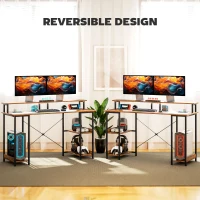 HOMCOM Computer Desk with Storage, 55" Reversible Computer Table with Power Outlets and LED Lights, Rustic Brown(m-7)