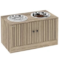 PawHut Elevated Dog Bowls with Storage Cabinet,  2 Stainless Steel Bowls, Slow Feeder, Dog Feeding Station for Large Dogs, Brown Wood Grain(m-11)