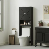 HOMCOM Over The Toilet Storage Shelf, Modern Bathroom Above Toilet Storage with Barn Doors and Open Shelf, Black(m-8)