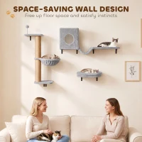 PawHut 3-In-1 Cat Wall Shelves with Condo, Bed, Hammock, Scratching Post and Spring Ball, Gray(m-5)