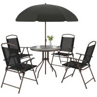 Outsunny 6 Piece Patio Dining Set for 4 with Umbrella, Outdoor Table and Chairs with 4 Folding Dining Chairs & Round Glass Table for Garden, Backyard and Poolside, Black and Coffee(m-11)