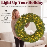 HOMCOM Christmas Decoration, 48 in Pre-Lit Norwegian Spruce Artificial Christmas Wreath with 150 LED Lights, Green(m-5)