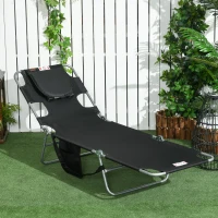 Outsunny Folding Outdoor Lounge Chair, 5-Level Tanning Chair with Face Hole, Side Pocket, Carry Strap for Beach Pool, Black(m-8)