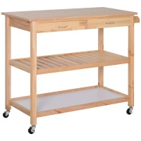 HOMCOM 42" Kitchen Trolley Cart Rolling Island Utility Serving Cart with 2 Drawers and 3-Tier Shelf Pine Wood(m-1)
