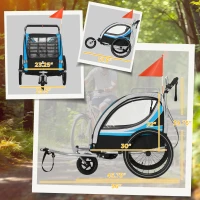 Aosom 3-in-1 Bike Trailer for Kids, Running Stroller with 2 Seats, Jogging Cart with 5-Point Harness, Storage Units, Blue(m-3)