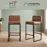 HOMCOM Bar Stools Set of 2, Retro Padded Counter Height Stools with Back and Metal Leg, Vintage PU Leather, Brown(m-3)