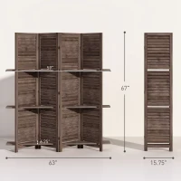 HOMCOM 4 Panel 67" Tall Wood Privacy Screen Room Divider with 3 Shelves and Folding Storage for Bedroom, Walnut(m-3)