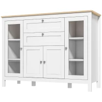 HOMCOM 47" Sideboard, Buffet Cabinet with Rubber Wood Top, Glass Door, Kitchen Coffee Bar Cabinet with Drawers, White(m-11)