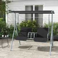 Outsunny 2-Seater Outdoor Porch Swing with Adjustable Canopy and Table, Patio Swing Chair for Garden, Poolside, Backyard, Black(m-1)