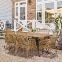 Outsunny 7 Pieces Outdoor Dining Set for 6, Wicker Rattan Patio Furniture Set, Patio Table and Chairs Set with Cushions, Plastic Wood Table Top, Conversation Set for Garden, Backyard, Deck, Tan(m-10)