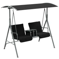 Outsunny 2-Seater Outdoor Porch Swing with Adjustable Canopy and Table, Patio Swing Chair for Garden, Poolside, Backyard, Black(m-9)