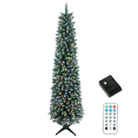 HOMCOM 6ft Pencil Prelit Christmas Tree, Dual Color LEDs, Flocked, Remote, Slim Xmas Tree with 11 Modes, Green White(m-11)