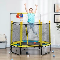 Qaba 4.6' Kids Trampoline with Basketball Hoop, Horizontal Bar, 55" Indoor Trampoline with Net, Yellow(m-10)