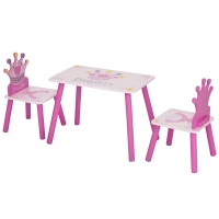 Qaba 3-Piece Kids Wooden Table and Chair Set with Crown Pattern Gift for Girls Toddlers Arts Reading Writing Age 2-4 Years Pink