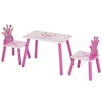 Qaba 3-Piece Kids Wooden Table and Chair Set with Crown Pattern Gift for Girls Toddlers Arts Reading Writing Age 2-4 Years Pink(m-1)