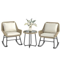 Outsunny 3 Piece Rocking Bistro Set Outdoor Patio Furniture Set with Cushions, Glass Coffee Table for Balcony, Cream White(m-9)