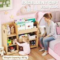 Qaba Kids Bookshelf and Toy Storage Organizer, 3 Tier Montessori Toy Organizer with Open Display for Nursery, Natural(m-7)