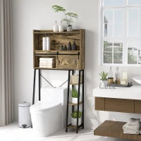 HOMCOM Over the Toilet Storage Cabinet, Over Toilet Bathroom Organizer with 3 Compartments, 4 Open Shelves, Rustic Brown(m-2)
