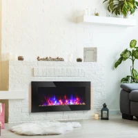 HOMCOM 36" Wall-Mounted Electric Fireplace, 750/1500W Fireplace Heater with Flame Effect, 7 Color Background Light and Side Light, Black(m-1)