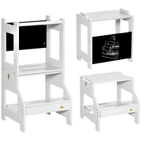 Qaba Kids Kitchen Step Stool, 2 in 1 Kitchen Table Set Toddler Standing Tower with Chalkboard, Safety Rail for Kitchen, Bathroom, Bedroom, Gray(m-1)