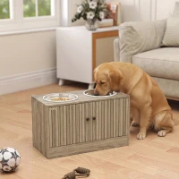 PawHut Elevated Dog Bowls with Storage Cabinet,  2 Stainless Steel Bowls, Slow Feeder, Dog Feeding Station for Large Dogs, Brown Wood Grain(m-2)